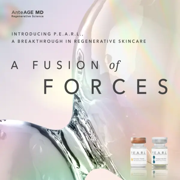 Two P.E.A.R.L. bottles labeled Activator Powder and Catalyst Solution sit on a reflective surface beside a metallic tube against a pastel gradient background, with 'A Fusion of Forces' text visible.