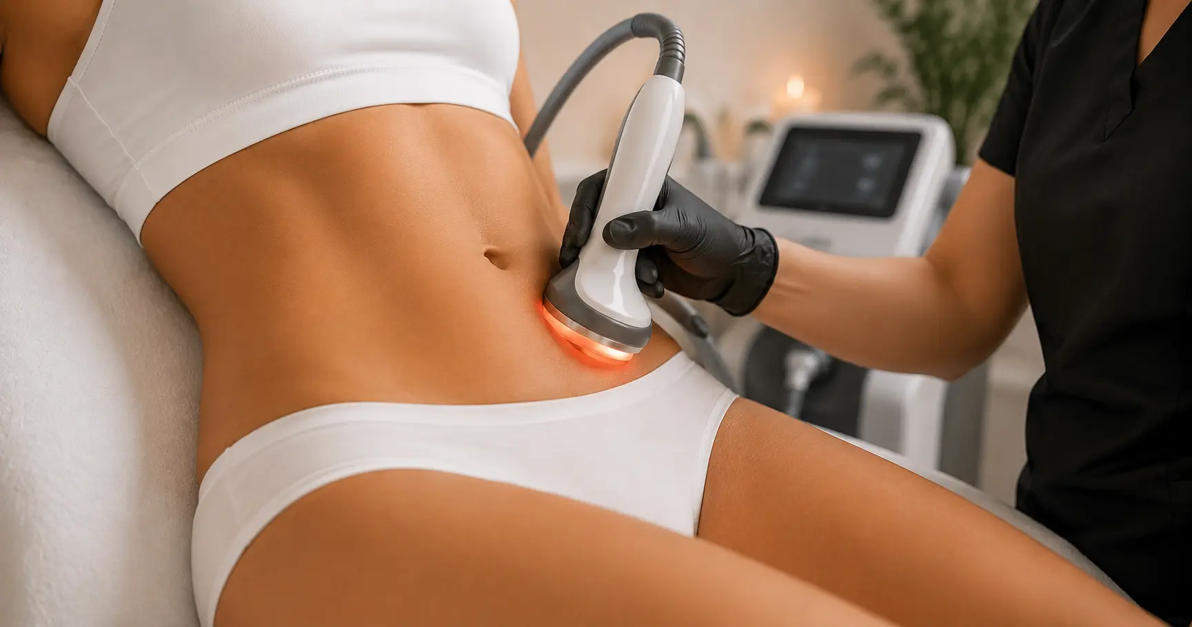 Woman receiving professional body contouring treatment on the abdomen at a medical aesthetics clinic in Phoenix, Arizona.