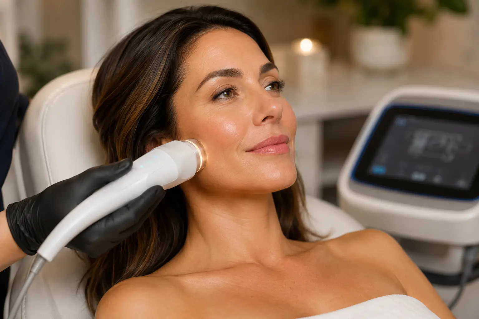 Woman receiving non-surgical RF skin tightening treatment in Scottsdale AZ